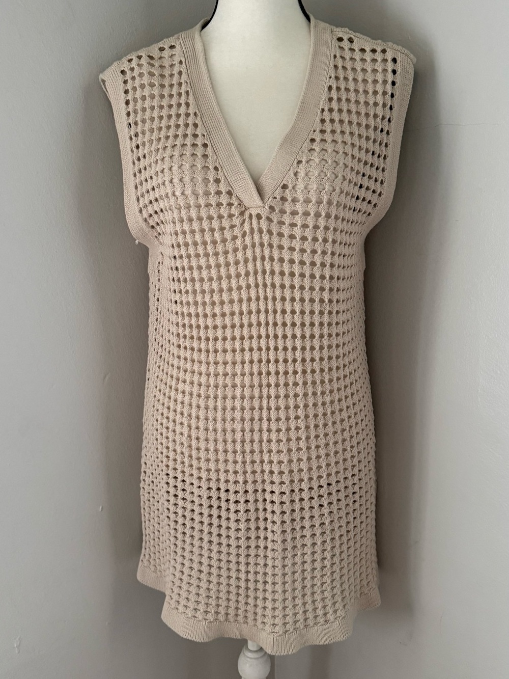 Lands End Women's Open Knit Cover-Up Dress Washed Sand Large Beach Resort Wear